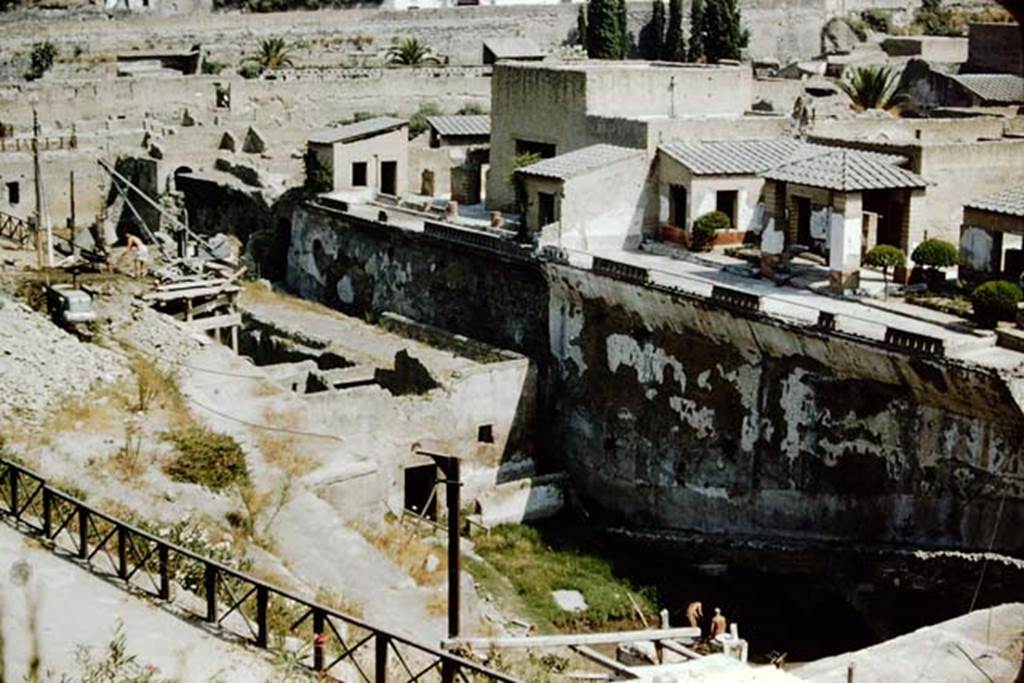Herculaneum, 1957. Looking north-west across site from access roadway towards the Sacred Area on the south side of the terraces of the Houses of the Mosaic Atrium, and of the Stags, on right. Photo by Stanley A. Jashemski.
Source: The Wilhelmina and Stanley A. Jashemski archive in the University of Maryland Library, Special Collections (See collection page) and made available under the Creative Commons Attribution-Non Commercial License v.4. See Licence and use details. J57f0431